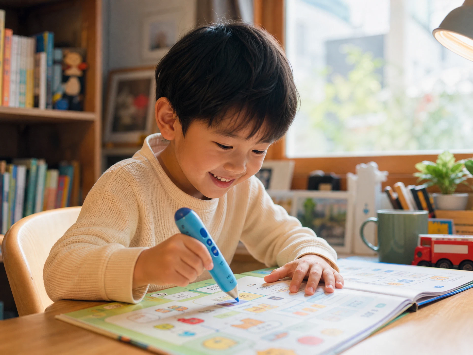 Child using a ReadGlo reading pen with a compatible picture book