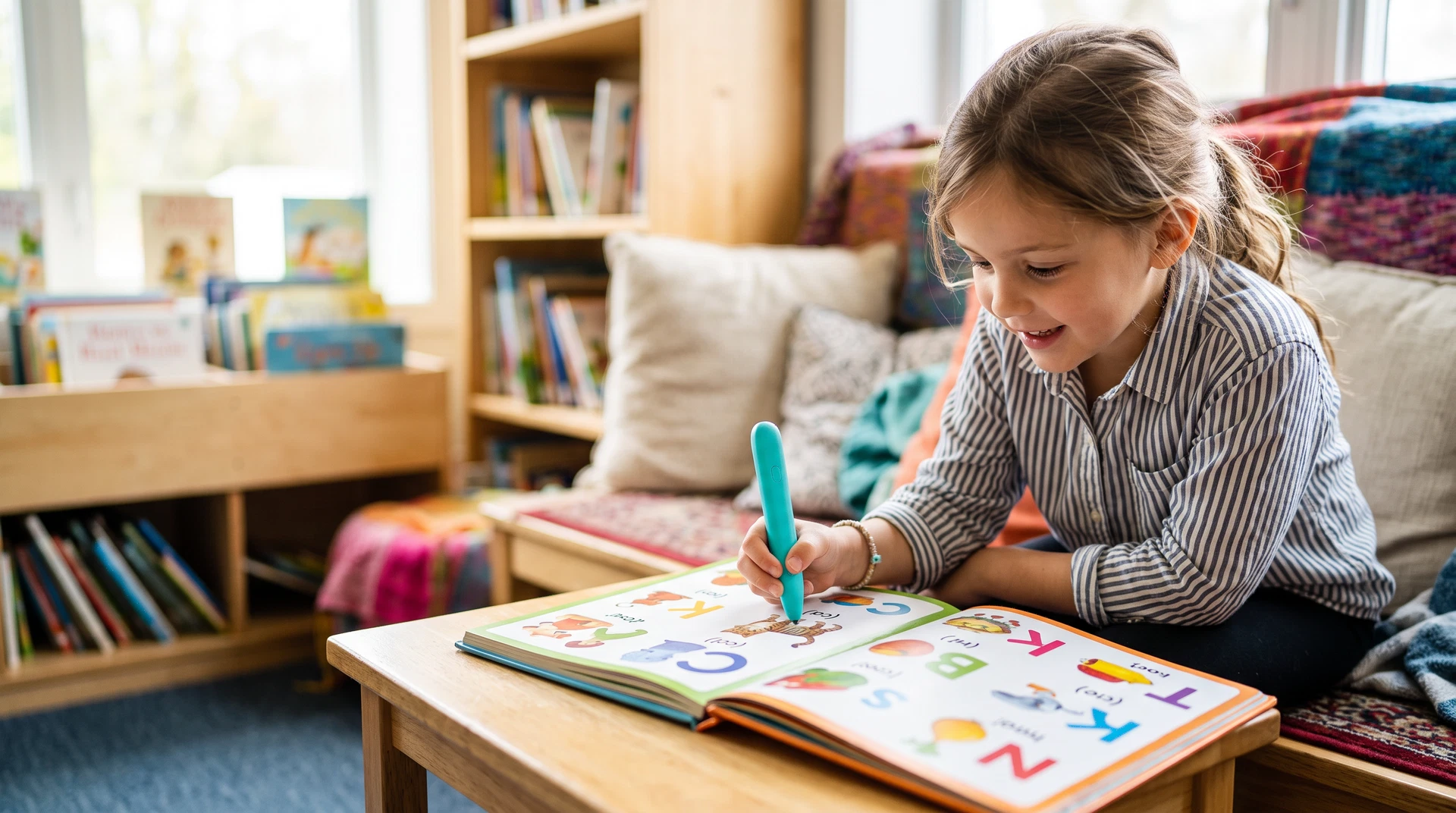 A diverse collection of colorful children's interactive books arranged neatly with a sleek talking pen resting on top.