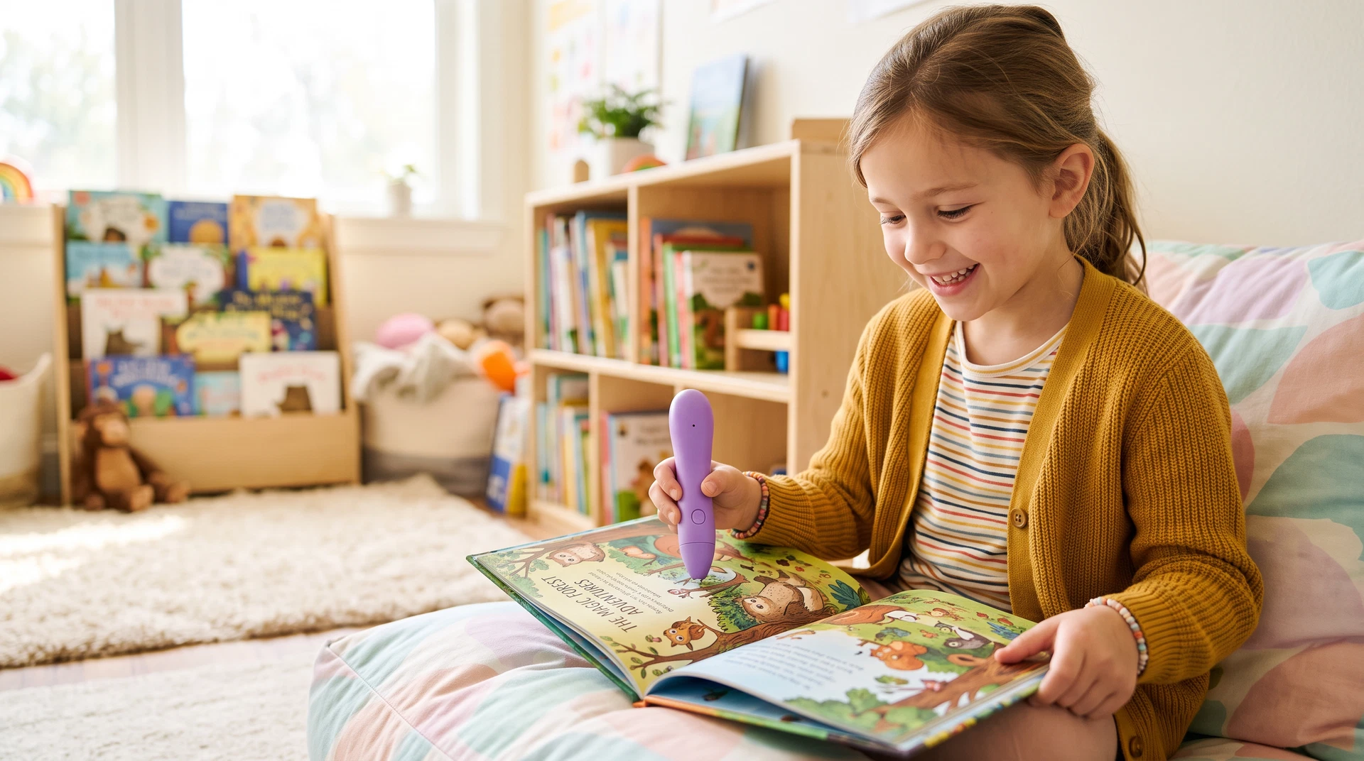 A young child using an AI-powered reading pen to read an illustrated book in a home library.