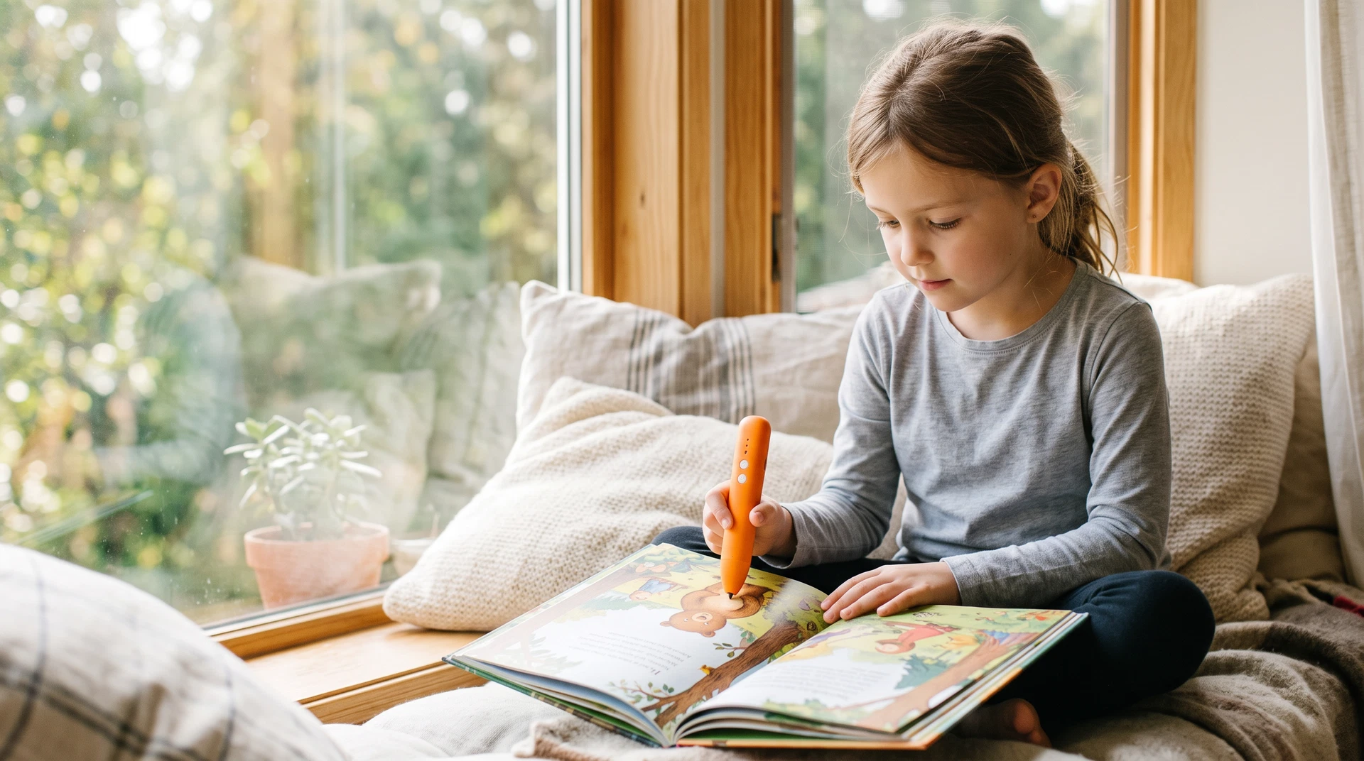 A child's hand using a talking pen to point at an interactive illustrated book.