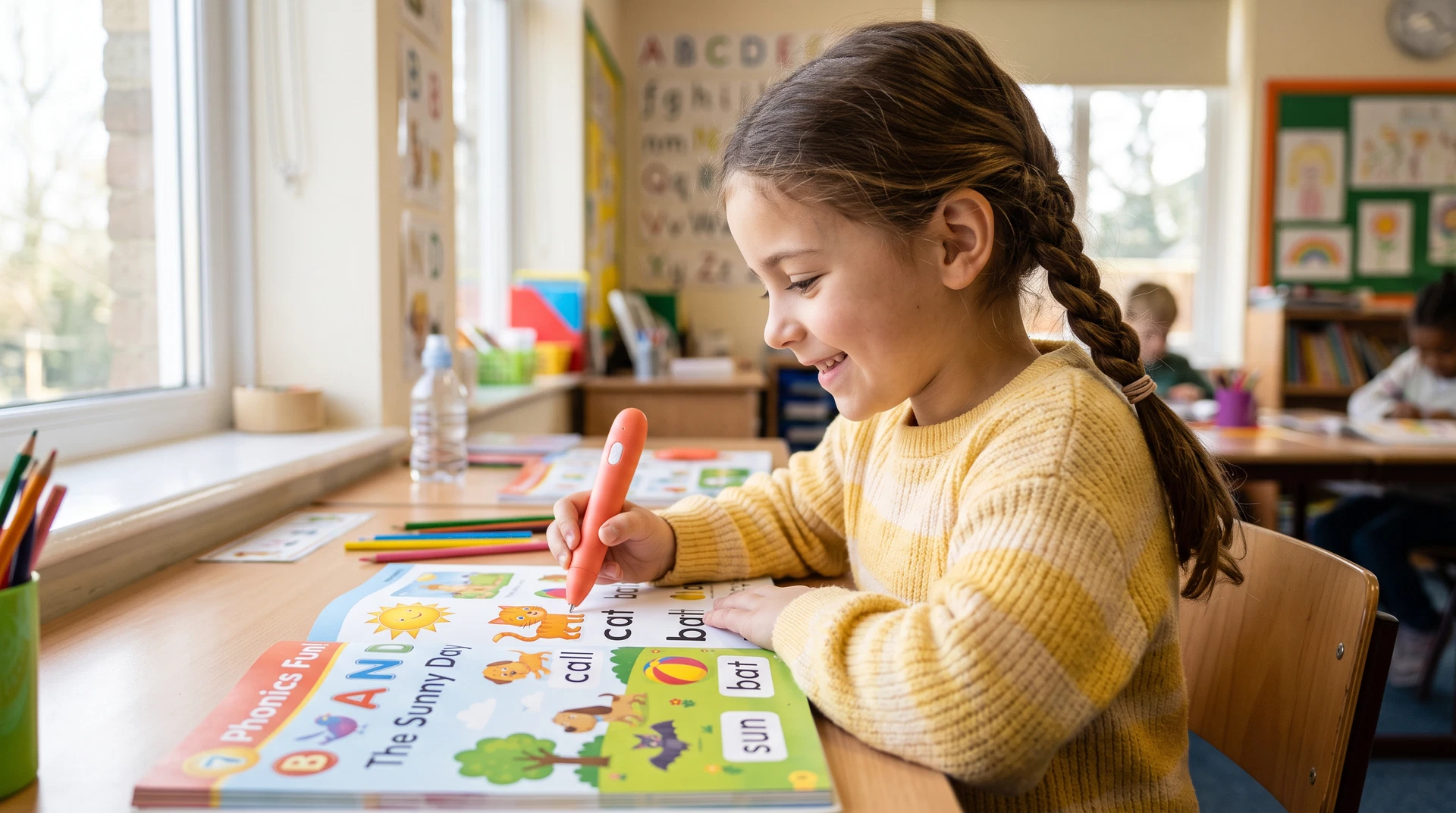 A child using a smart reading pen for language practice in a classroom setting.