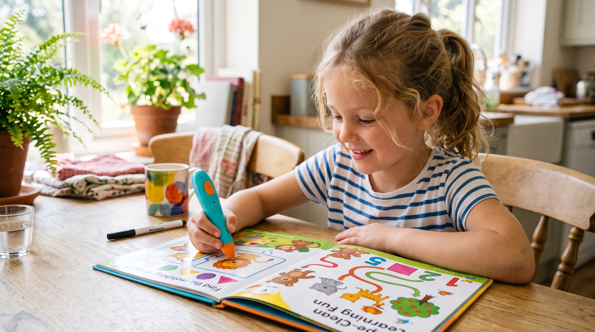 A child's hand interacting with a waterproof soft book using a talking pen near a bathtub.
