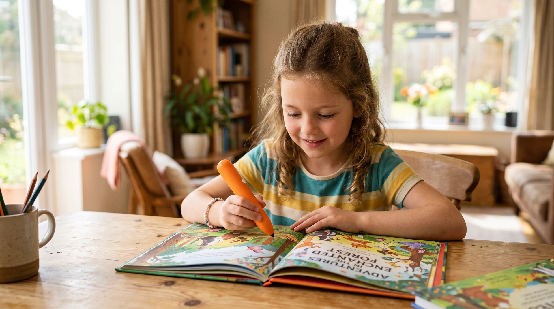 Close-up of a children's reading pen pointing at an interactive book during a quality control check.