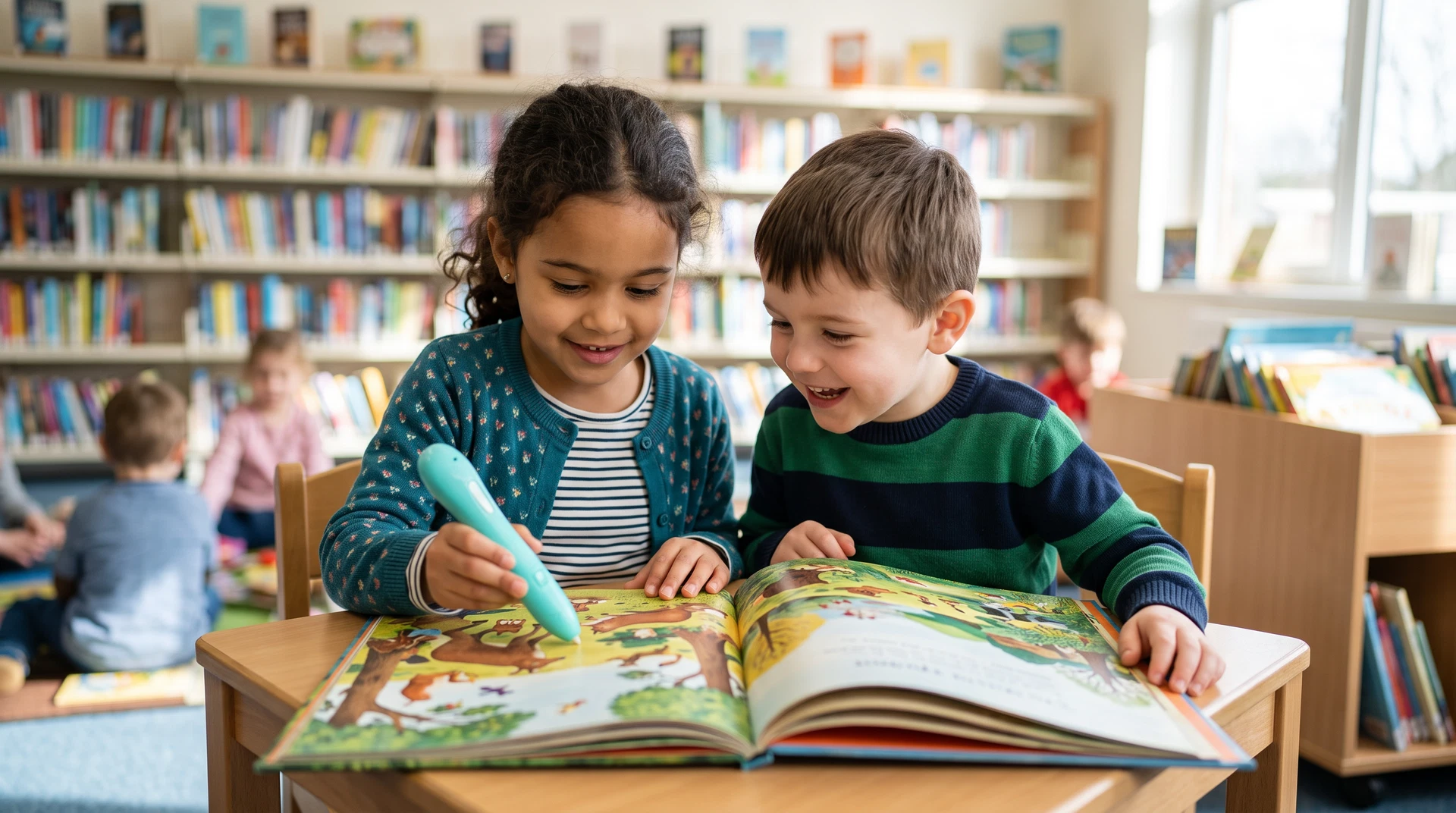 Quality control technician testing a reading pen on an OID-printed children's book.