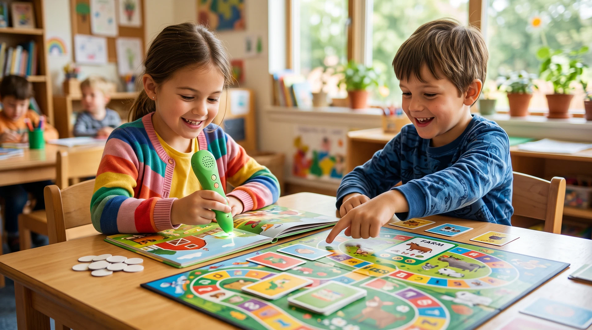 Hand holding a reading pen over a complex interactive board game map.