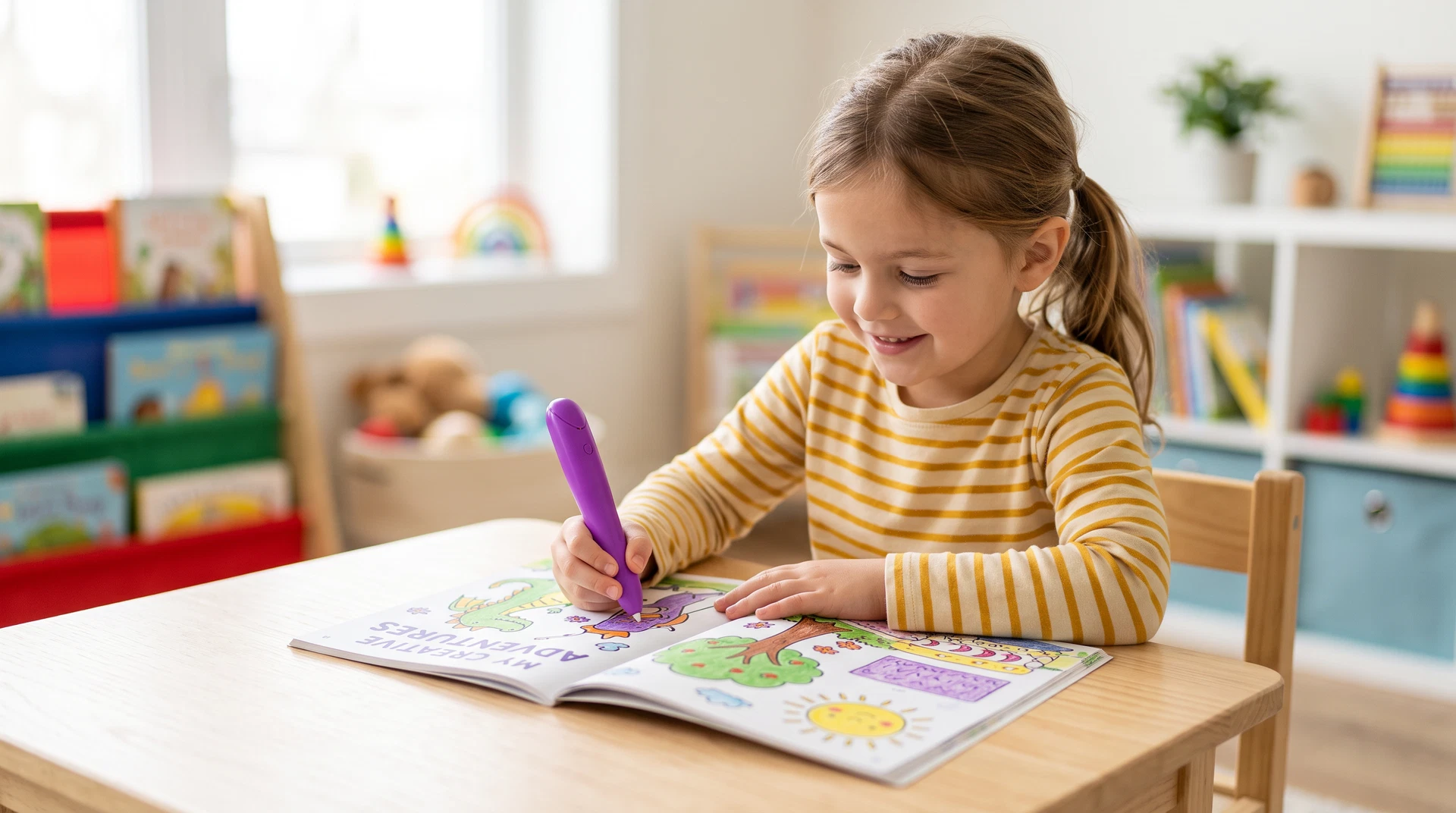A quality control inspector examining an electronic talking pen and an interactive book for safety compliance.