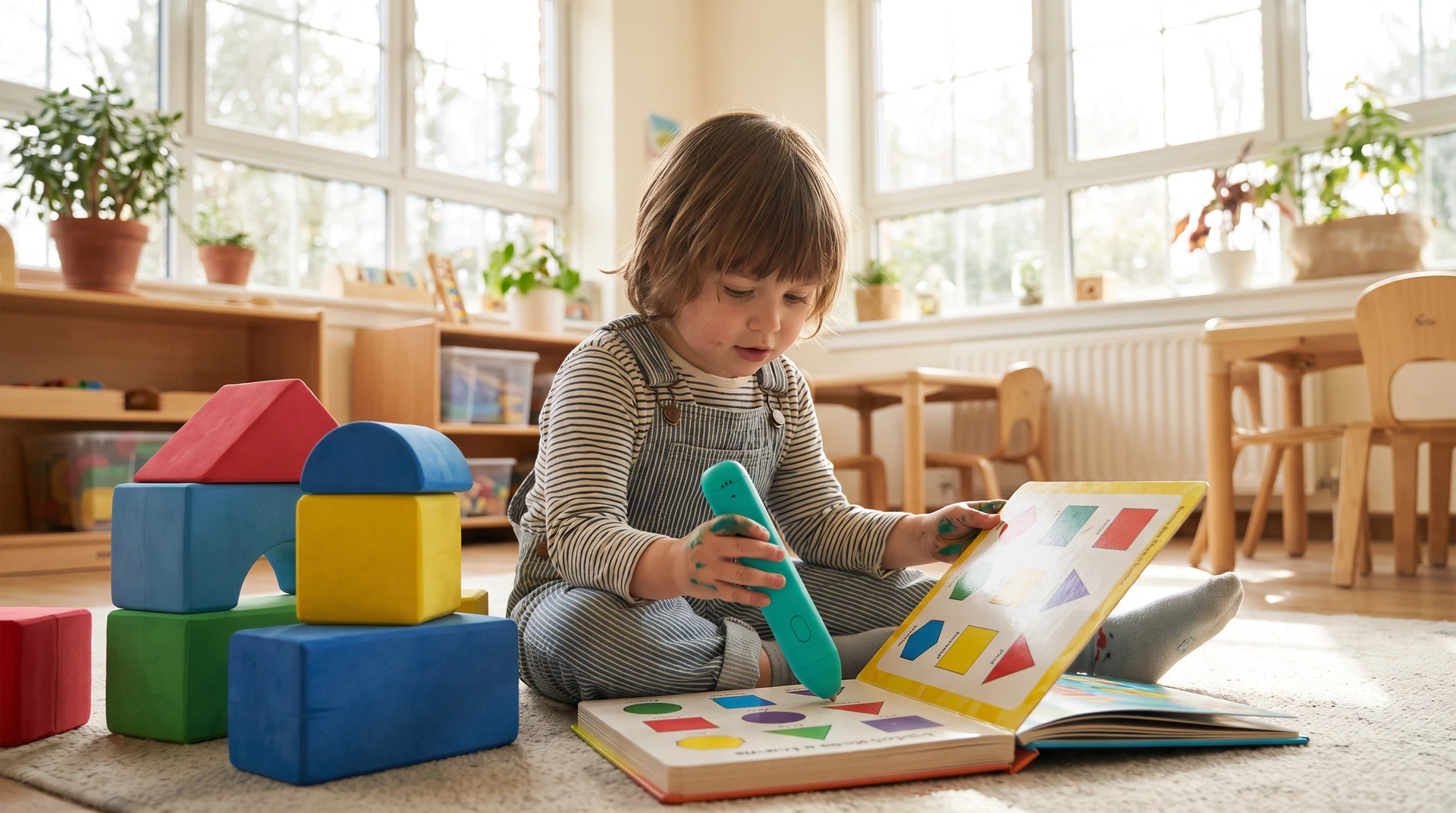 A colorful talking pen standing upright on a sleek magnetic charging dock next to interactive books.