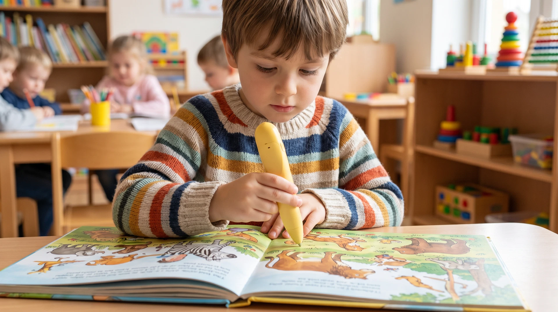 Close-up of a well-constructed toddler reading pen showing integrated buttons and a secure, non-detachable tip.