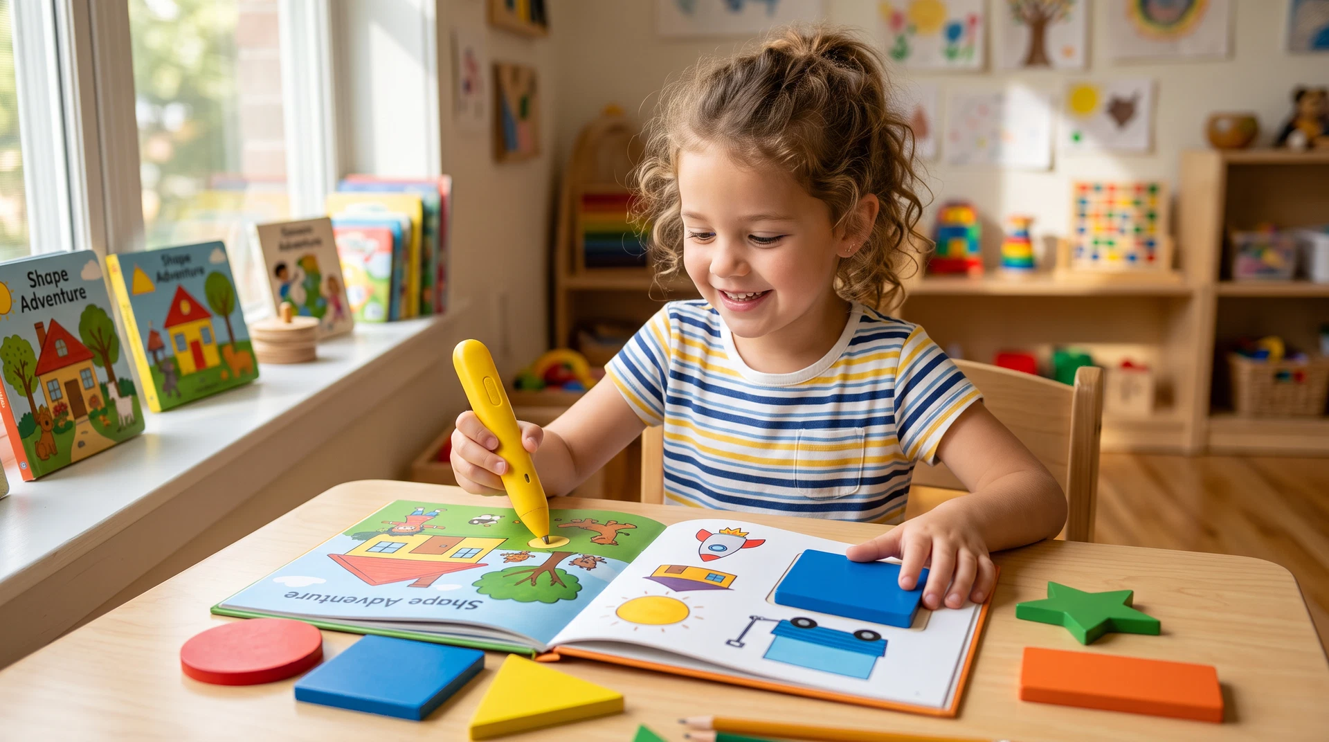 A child's hand holding a colorful 3D-printed prototype of a character-shaped reading pen in a design studio.