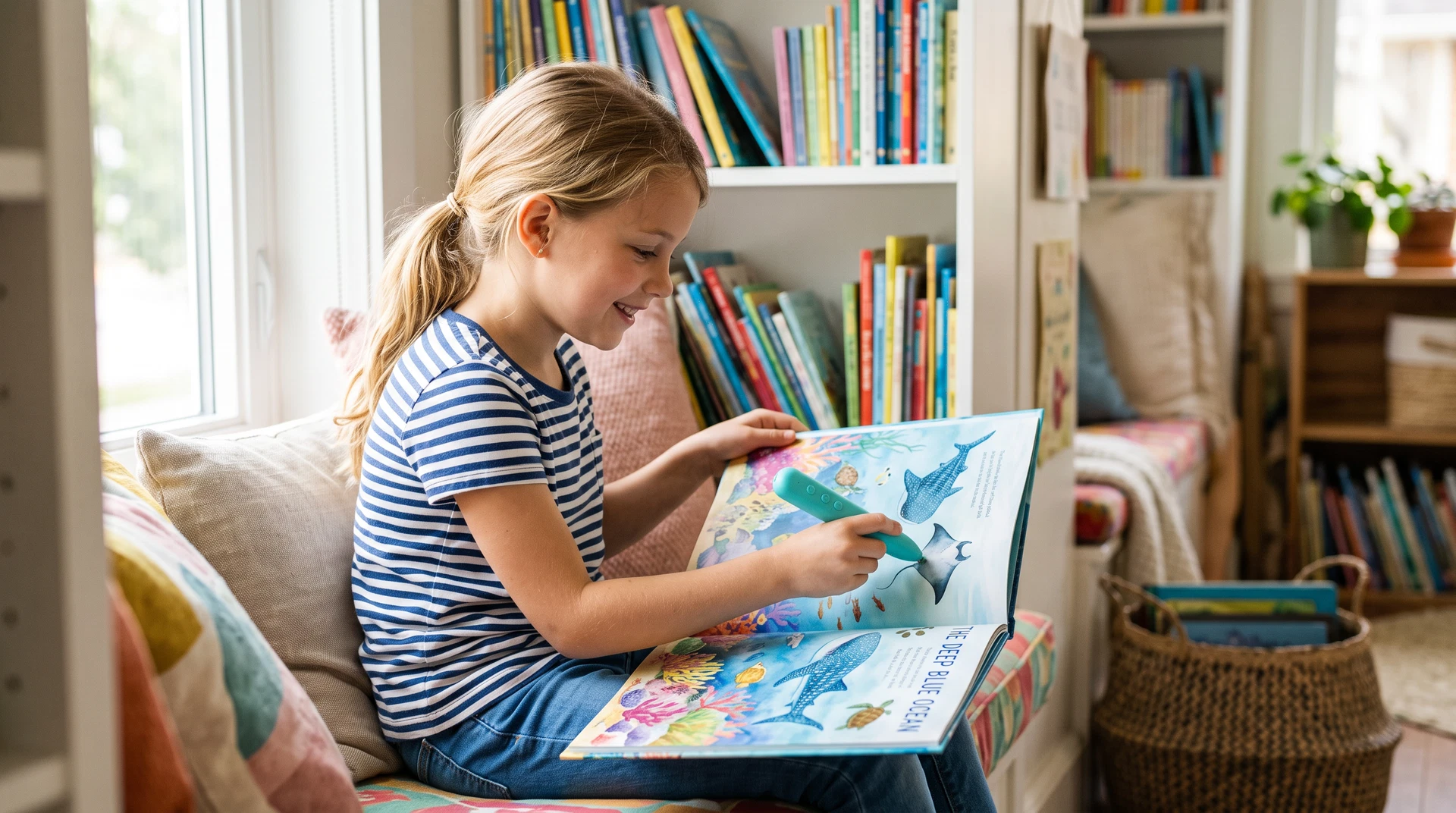 A sleek, ergonomically designed reading pen resting on a wooden desk next to a children's book.
