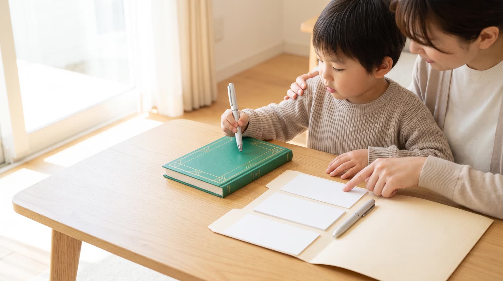 Child and parent reviewing a Quran learning pen sample set with a neutral project folder
