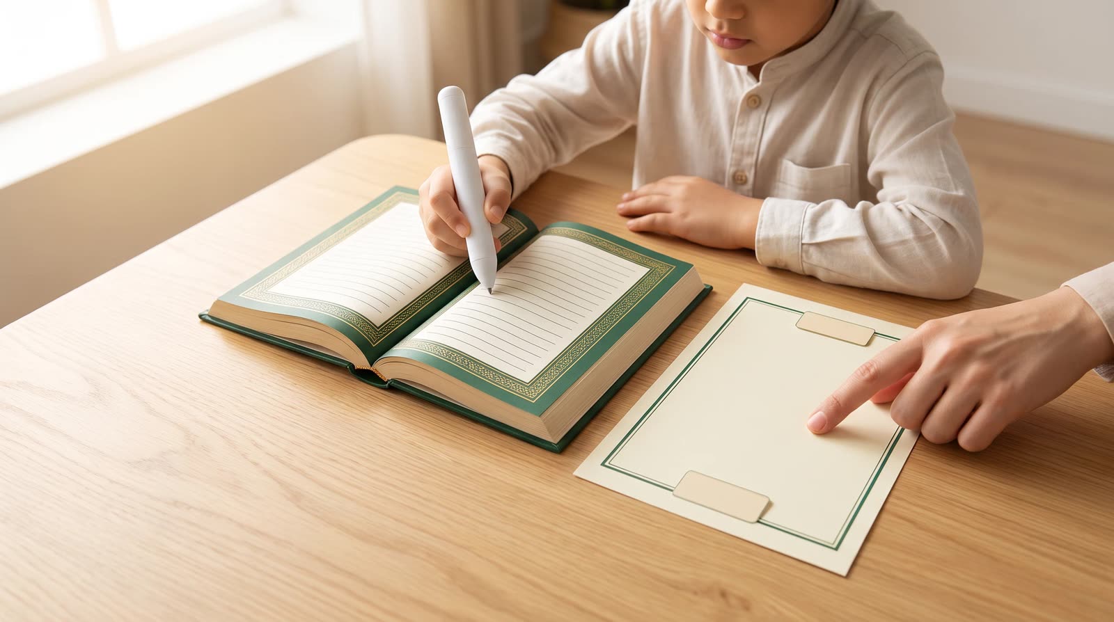 Teacher and child reviewing a Quran learning book with blank proof cards
