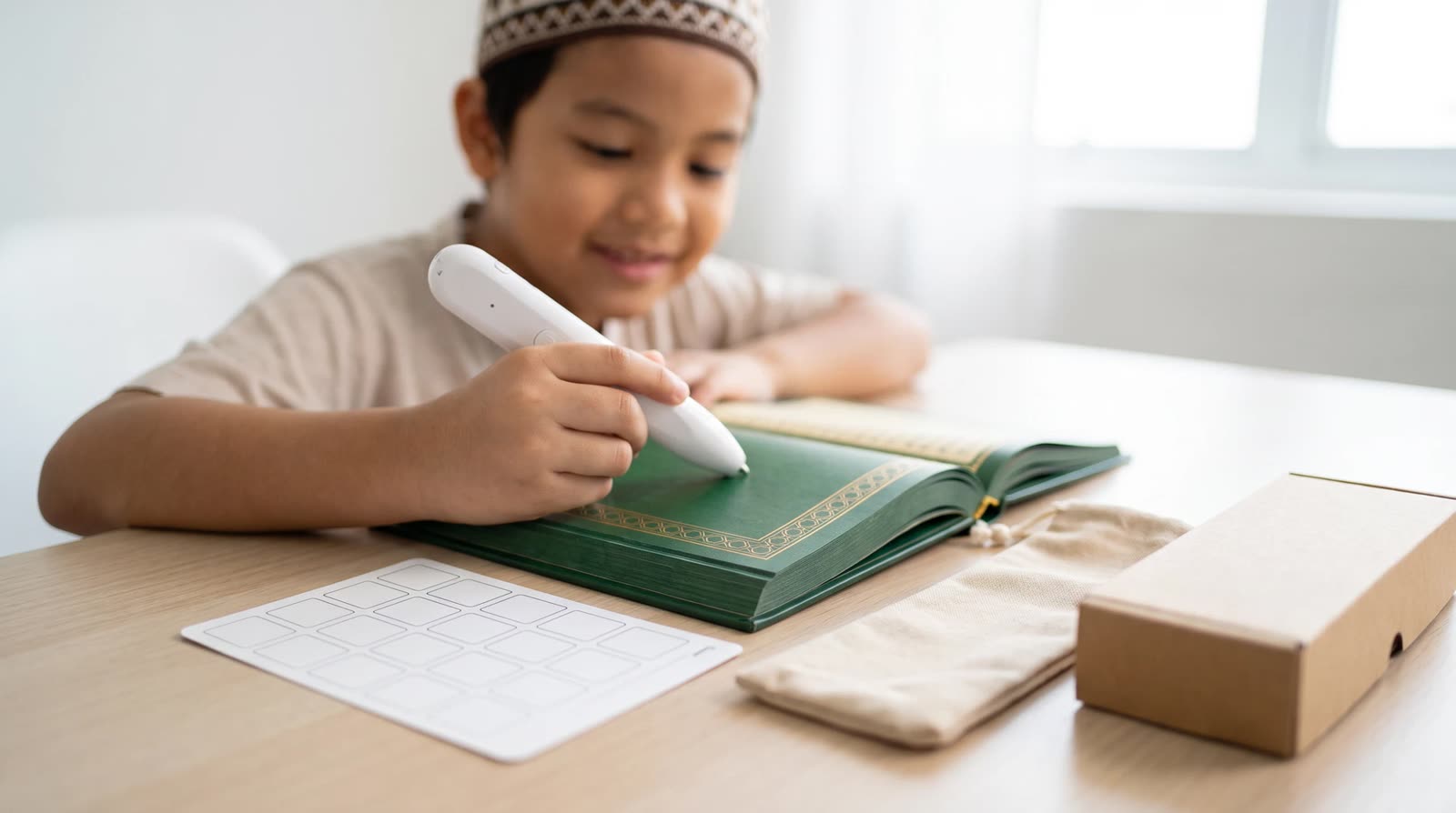 Child reviewing a Quran learning book and pen with a neutral sample pouch