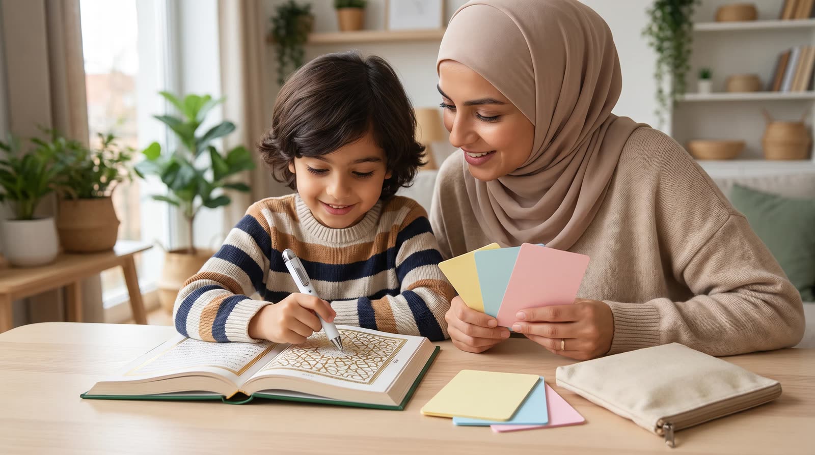 Parent and child comparing a Quran learning pen sample and book at a clean table