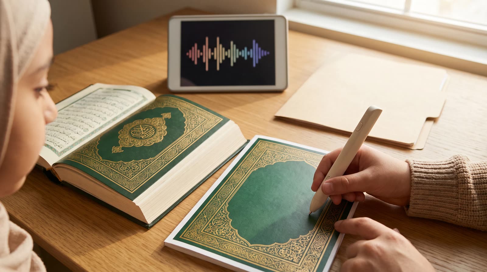 A close view of a child using a reading pen on a large illustrated book page