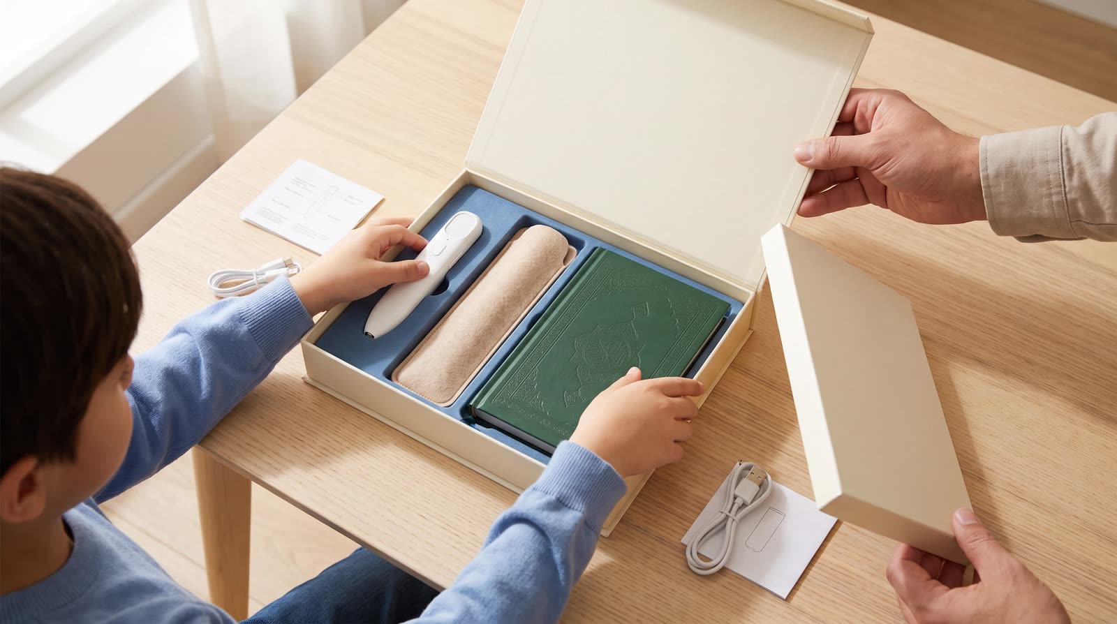 A child selecting a reading pen and book from a carefully organised learning gift set
