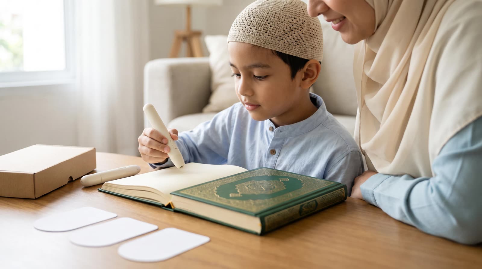 A parent and child reviewing a reading pen and picture book set at home