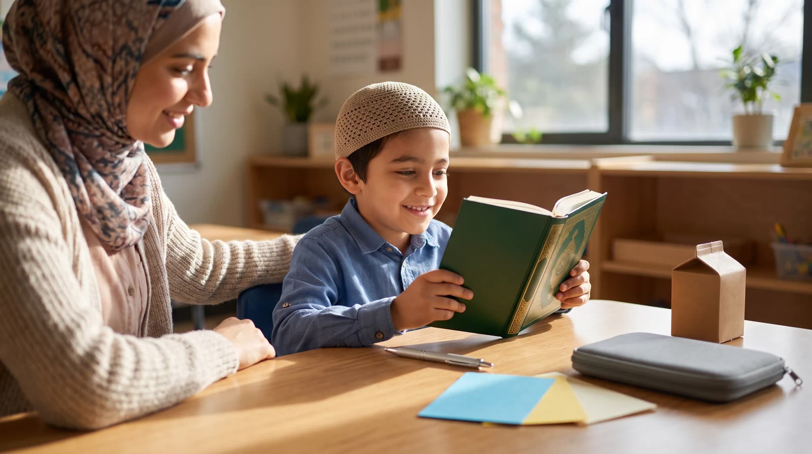 A teacher and child reviewing an interactive reading book in a bright learning room