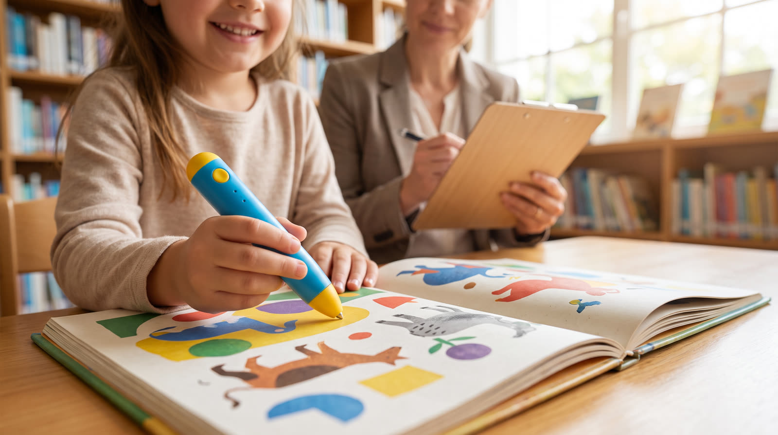 Child using an unbranded reading pen and illustrated learning materials for a talking pen buyer guide