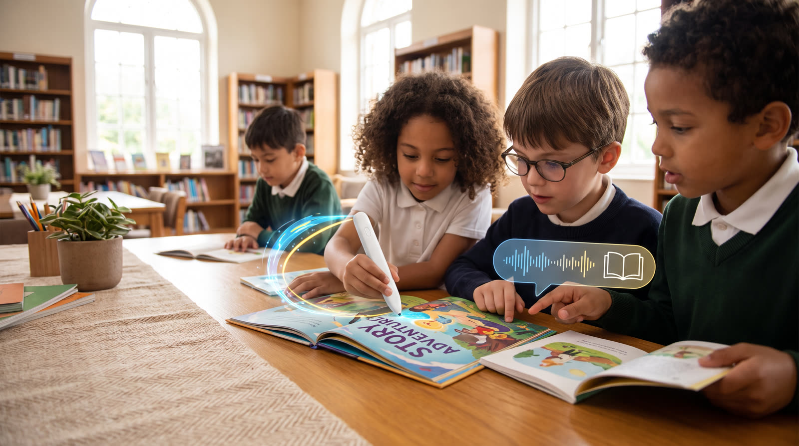 Child using an unbranded reading pen and illustrated learning materials for a pen that reads books buyer guide