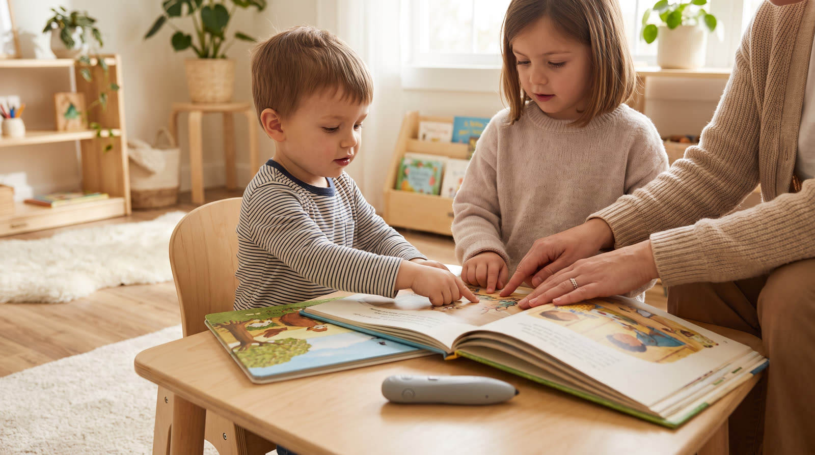 Child using an unbranded reading pen and illustrated learning materials for a preschool talking pen buyer guide