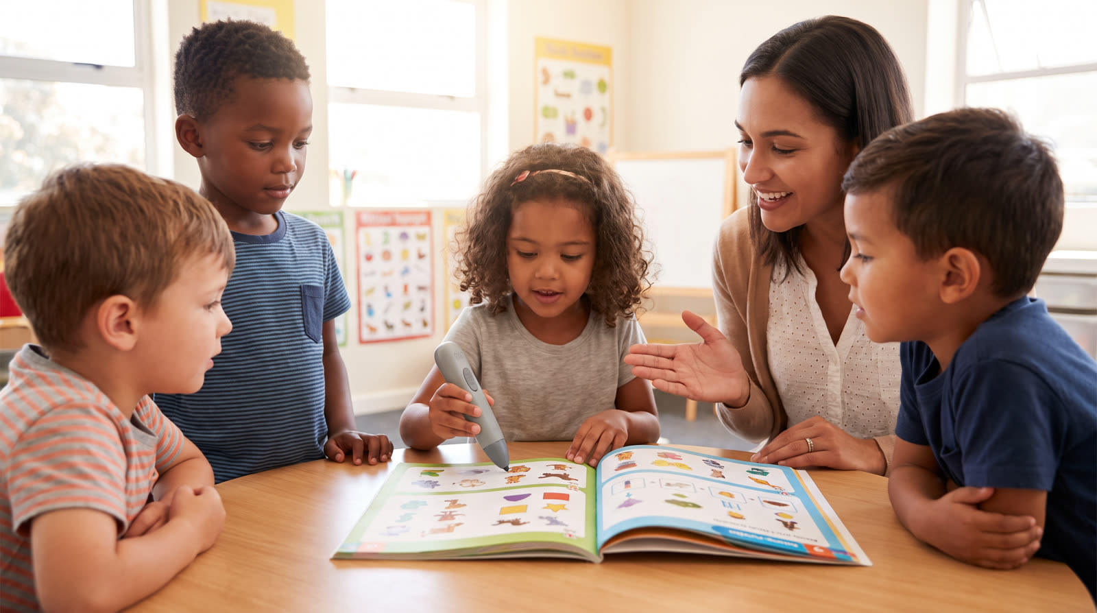 Child using an unbranded reading pen and illustrated learning materials for a talking pen pronunciation buyer guide