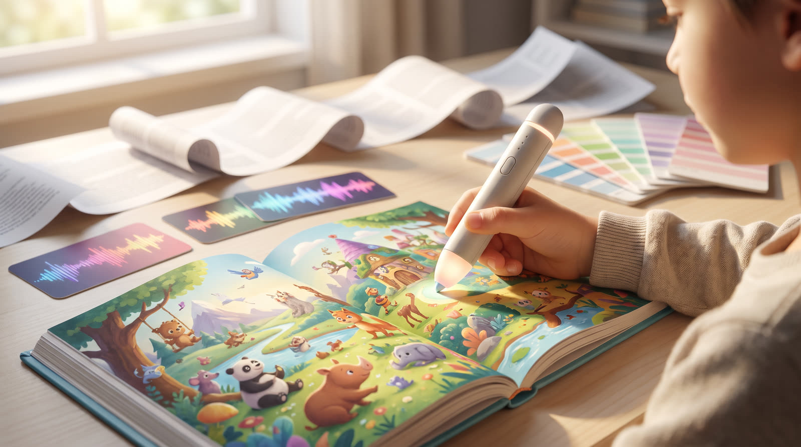 Child using an unbranded reading pen and illustrated learning materials for a read along books with pen buyer guide