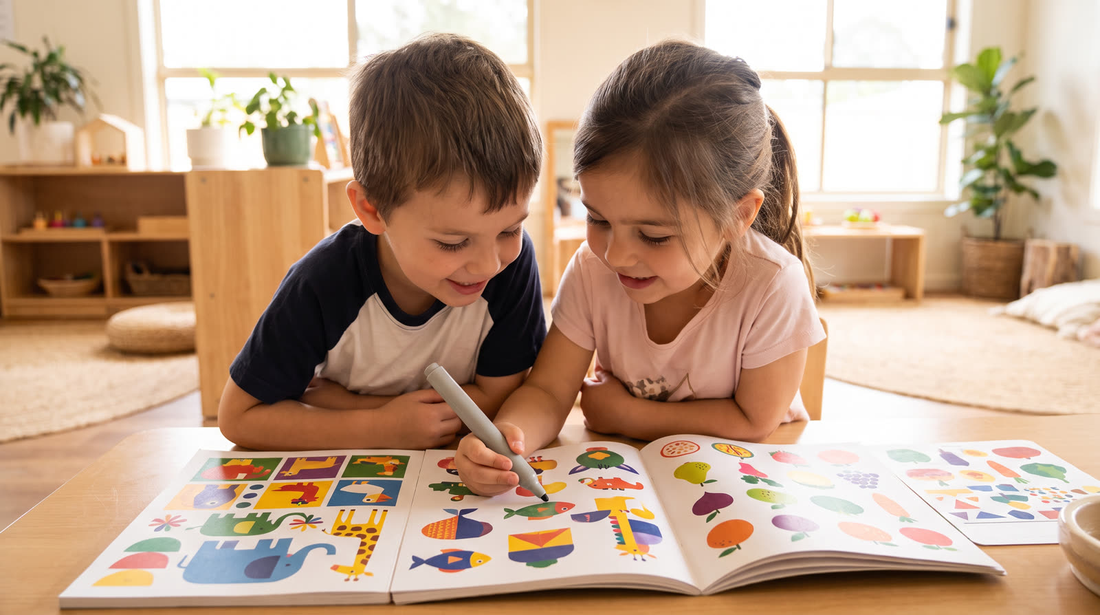 Child using an unbranded reading pen and illustrated learning materials for a learn letters with talking pen buyer guide