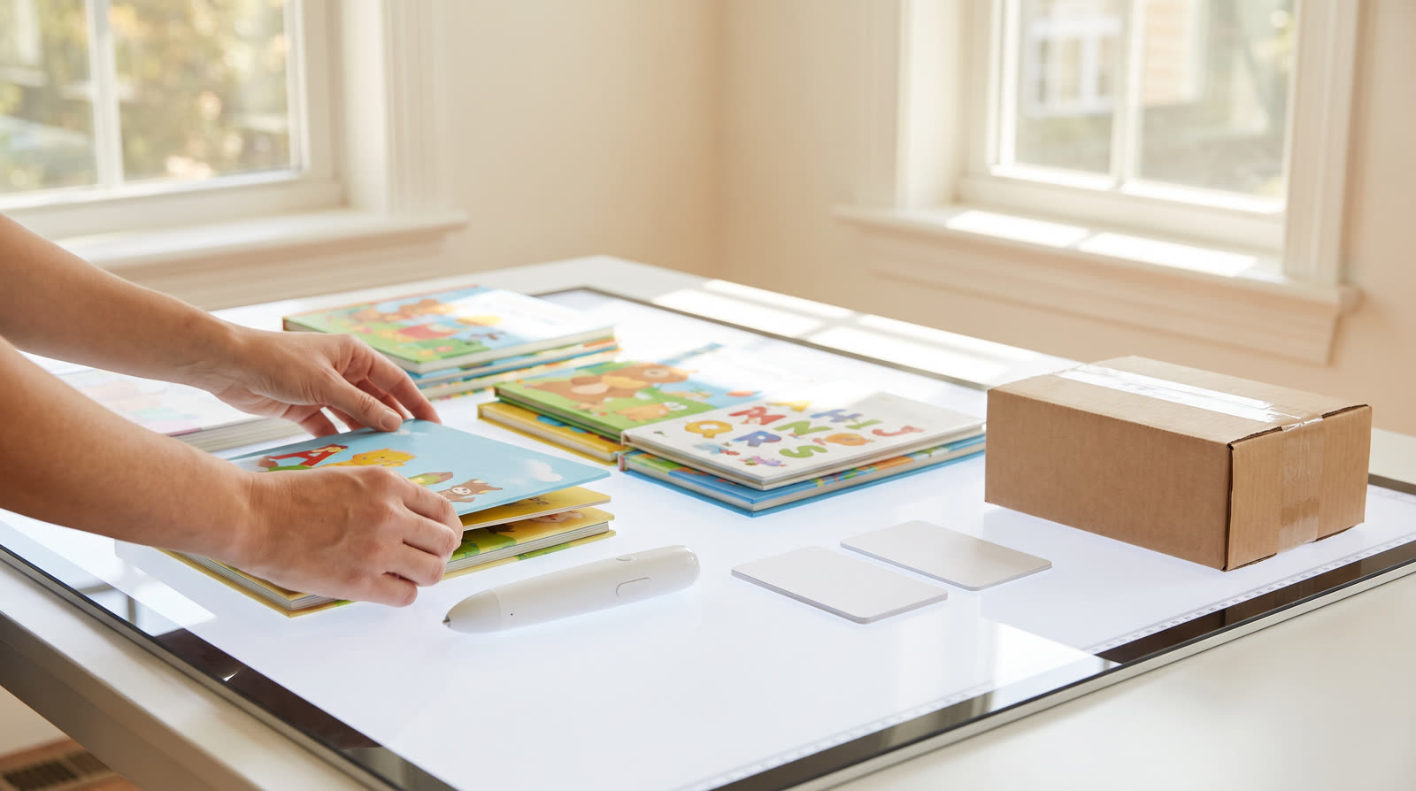 Bright photorealistic 16:9 editorial cover scene in a clean, child-focused but professional product-planning studio: an adult buyer's hands sort colorful generic children's picture books, a plain unbranded talking pen, labeled blank inventory cards, and a small closed shipping carton on a light table; cheerful illustrated animals and alphabet shapes appear on the books, with warm daylight, vivid primary colors, and generous uncluttered space. No readable text, logos, watermark, certificate, safety mark, recall badge, approval seal, or unsupported imagery of testing or certification.