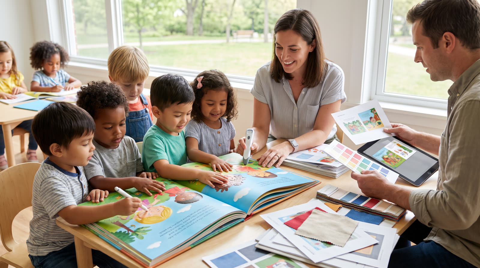 Bright photorealistic 16:9 editorial cover scene in a sunlit children’s publishing proof room: a diverse group of young children with varied skin tones and abilities explores a large colourful interactive picture book on a table while a publisher reviewer uses a generic unbranded reading pen; visible pages show friendly animals, clear spacious illustrations, tactile-looking page edges, and subtle transparent proof overlays or alignment marks without readable text. Include a second adult comparing a printed proof beside a colour swatch and page mock-up. Warm daylight, vivid but natural colours, inclusive child-focused mood, shallow depth of field, realistic paper texture. No text, logos, watermark, certificate, compliance badge, or unsupported approval imagery.