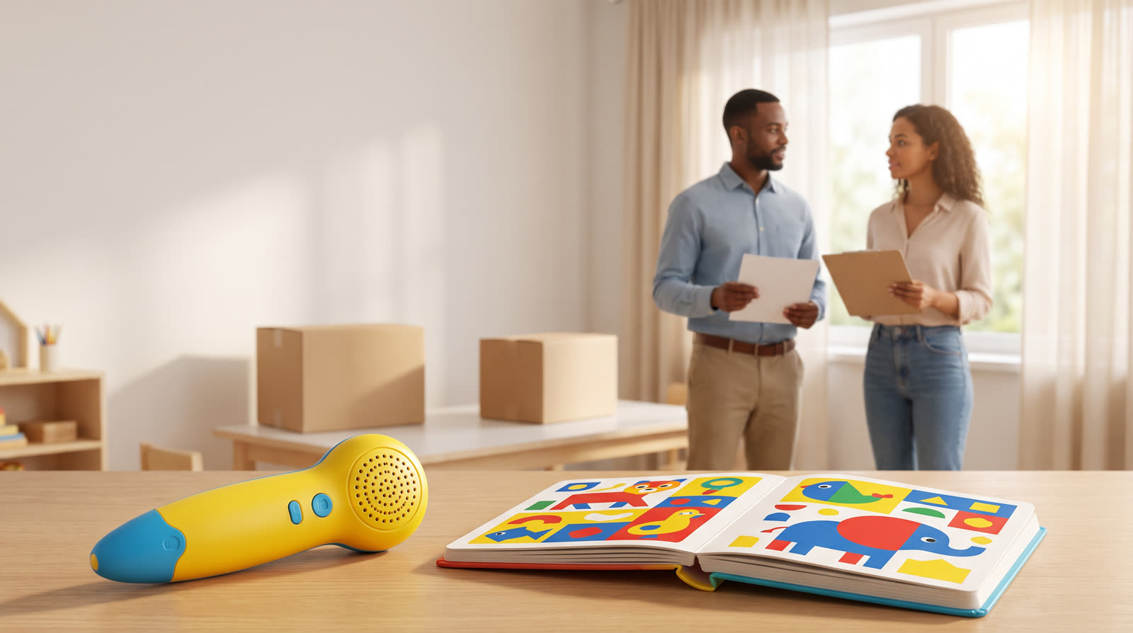 Bright photorealistic 16:9 editorial cover in a clean children’s learning-room setting: a cheerful child’s colorful talking pen and two interactive picture books sit prominently on a tidy table while, in the softly focused background, a diverse adult importer and retail partner compare a neutral clipboard, carton labels and a simple paper trail; warm daylight, vivid primary colors, reassuring professional atmosphere, child-focused composition, no readable text, no logos, no brand marks, no watermark, no certificate, no safety seal and no unsupported approval imagery.