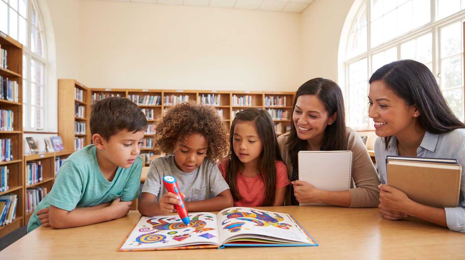 Bright 16:9 photorealistic editorial cover: a diverse small group of children aged around 6–9 at a sunlit library table, one child tapping a colorful talking pen on an illustrated interactive book while a parent and teacher review a clearly blank, unbranded service-planning sheet beside the set; warm primary colors, bookshelves and soft classroom details in the background, natural candid expressions, strong foreground focus on pen-and-book interaction, no readable text, logos, watermark, certificate, badge, approval mark, or unsupported compliance imagery.