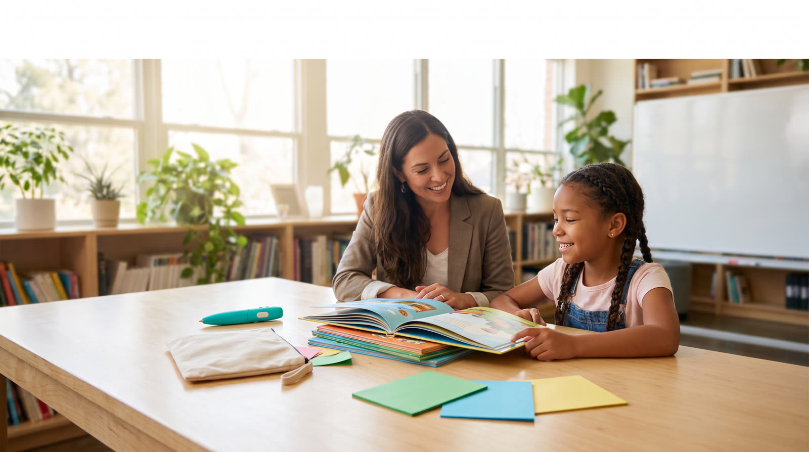 Child using an unbranded reading pen and illustrated learning materials for a talking pen project management buyer guide