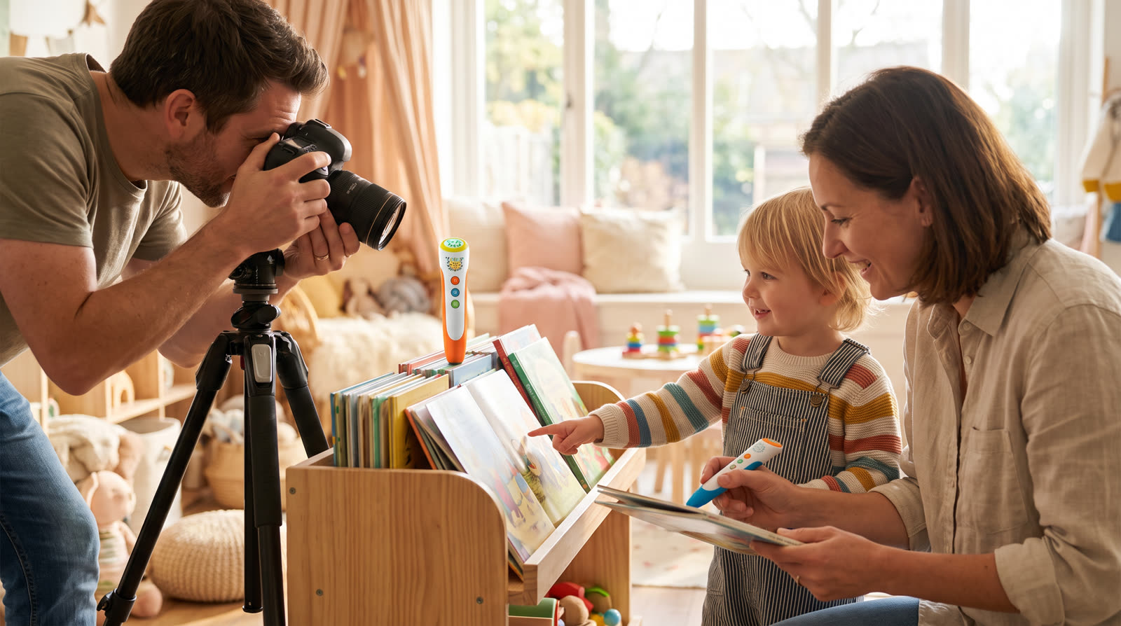 Child using an unbranded reading pen and illustrated learning materials for a interactive book pen display buyer guide