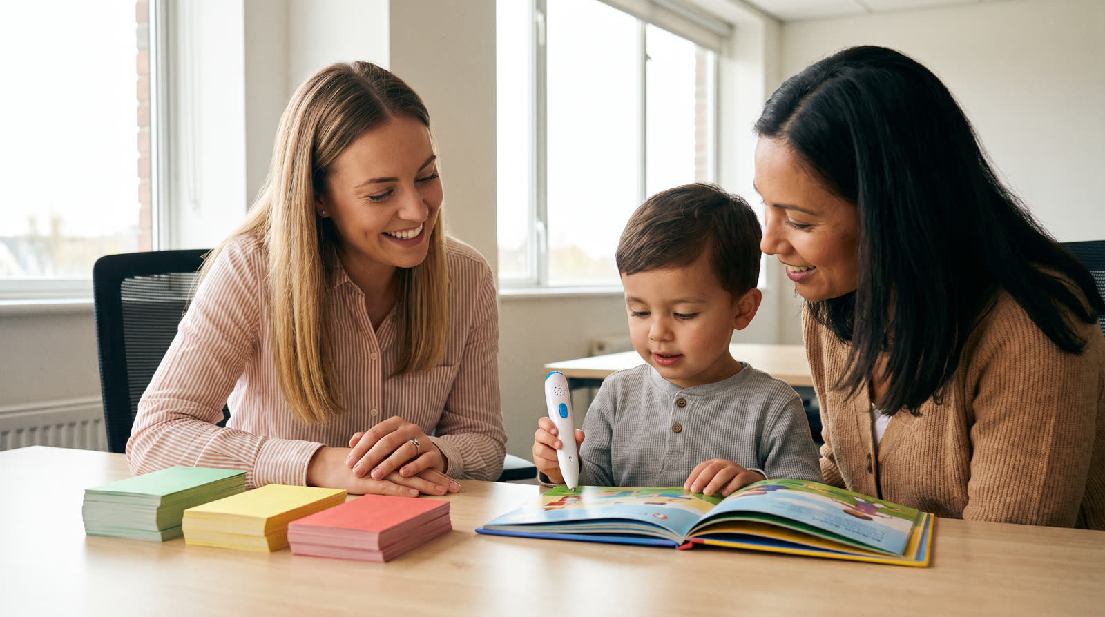 Child using an unbranded reading pen and illustrated learning materials for a talking pen customer support buyer guide