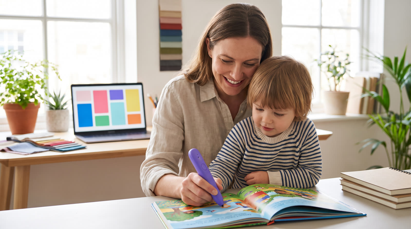 Child using an unbranded reading pen and illustrated learning materials for a talking pen content update buyer guide