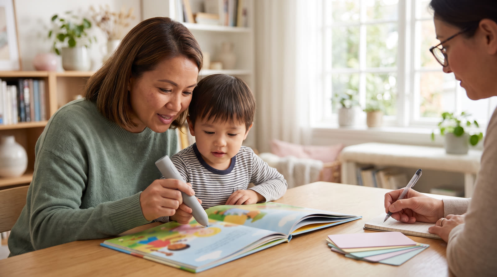 Child using an unbranded reading pen and illustrated learning materials for a talking pen accessibility buyer guide