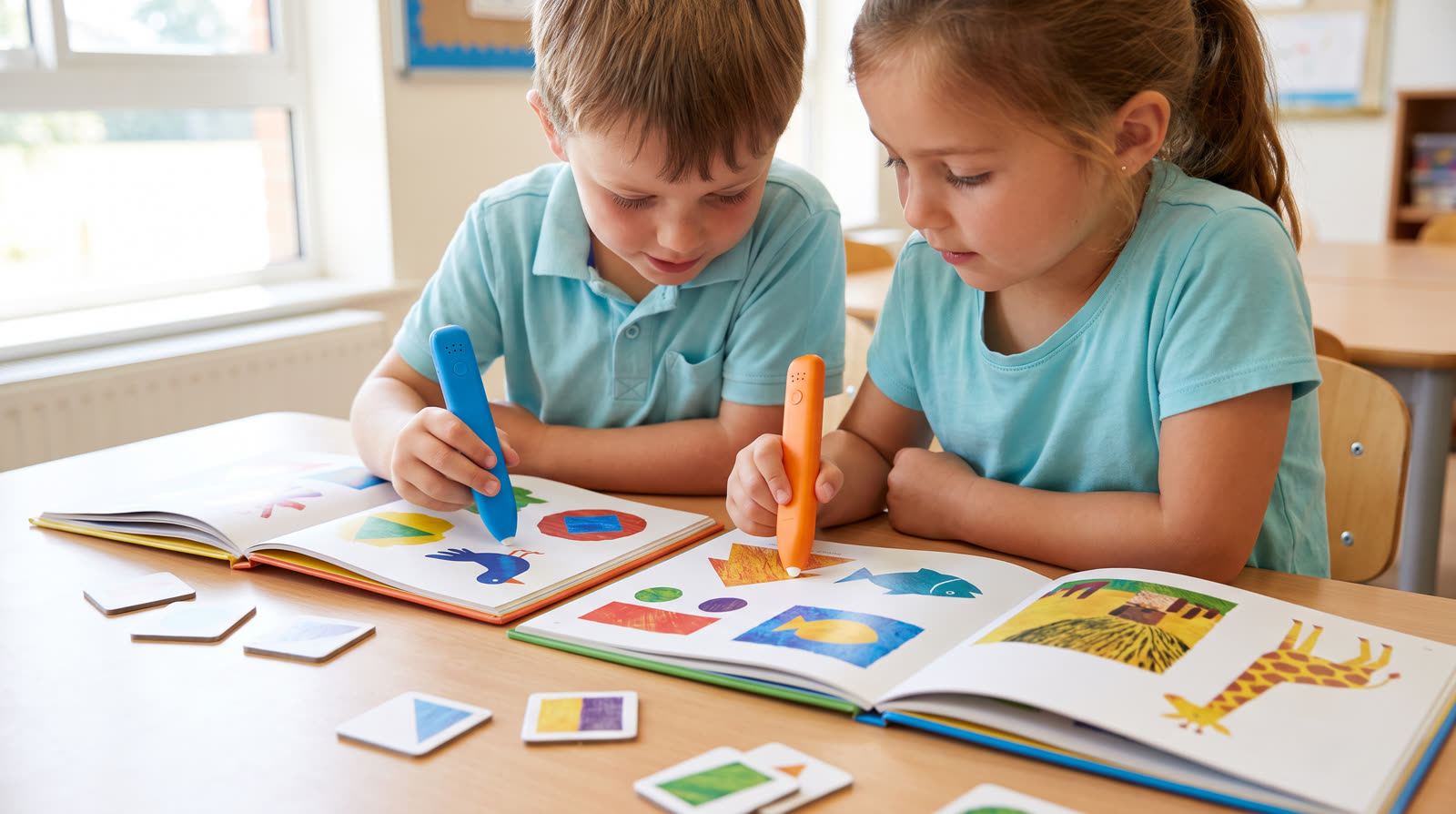 Child using an unbranded reading pen and illustrated learning materials for a talking pen spelling books buyer guide