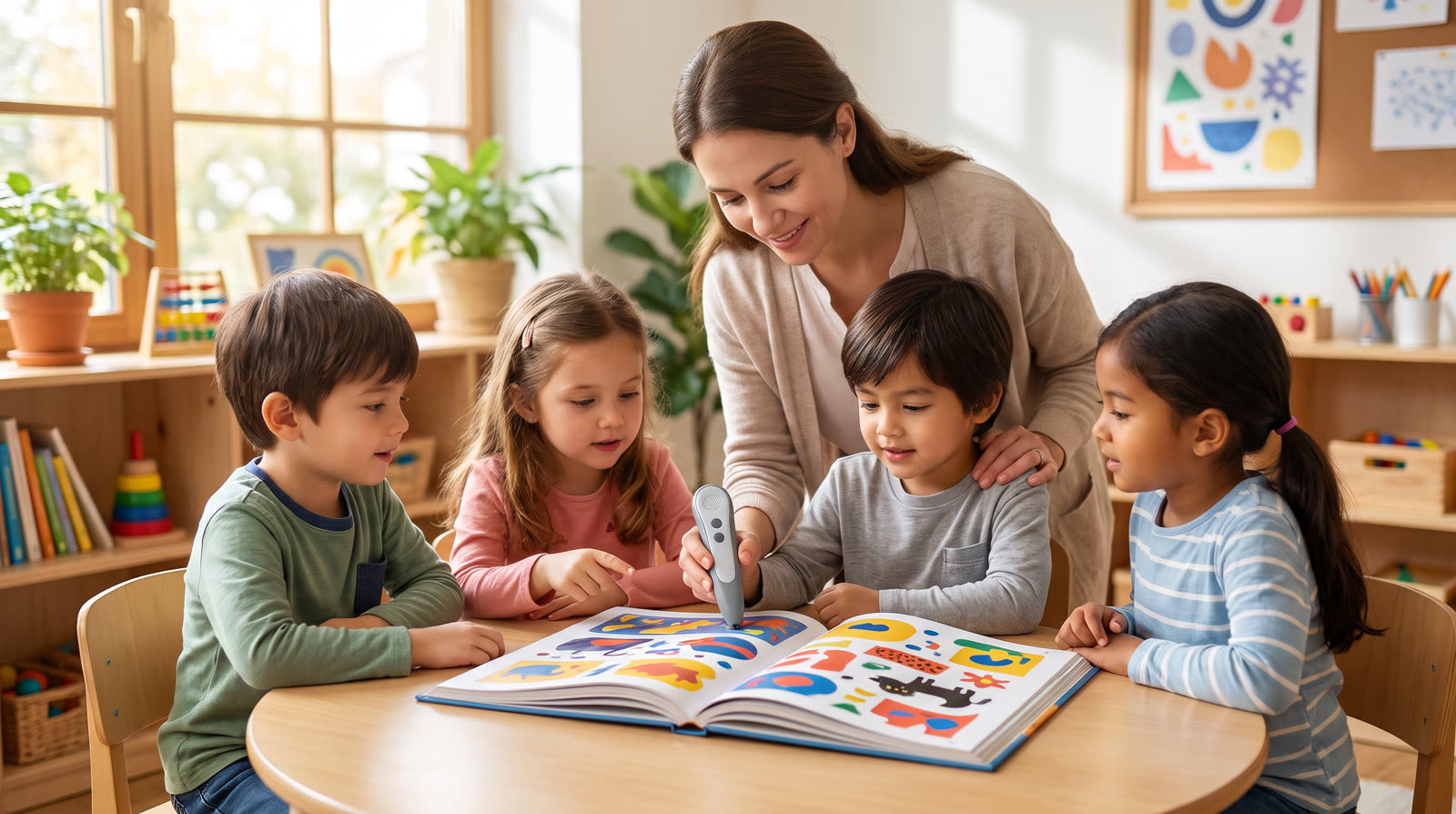 Child using an unbranded reading pen and illustrated learning materials for a talking pen reading comprehension buyer guide