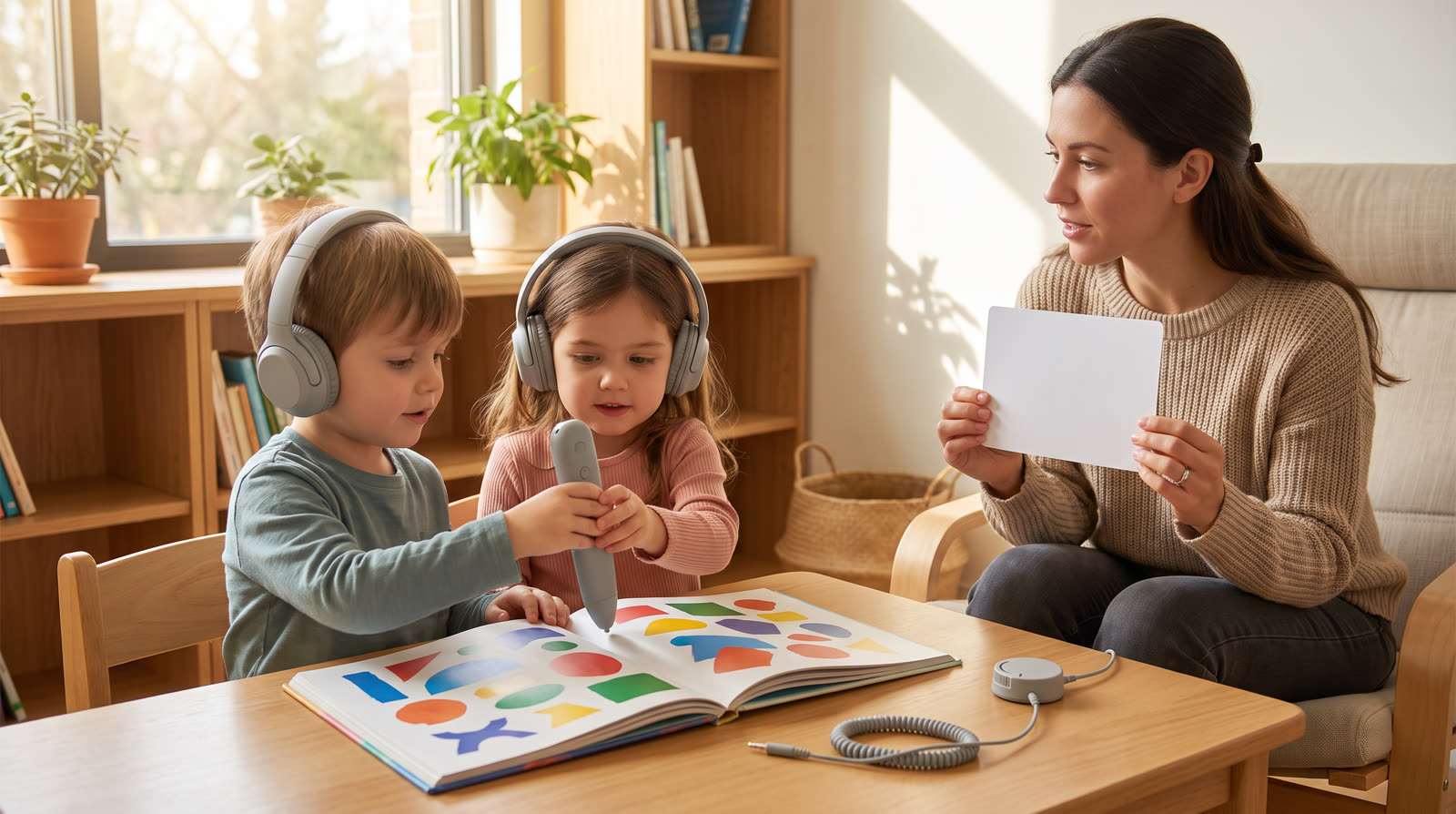 Child using an unbranded reading pen and illustrated learning materials for a talking pen volume control buyer guide