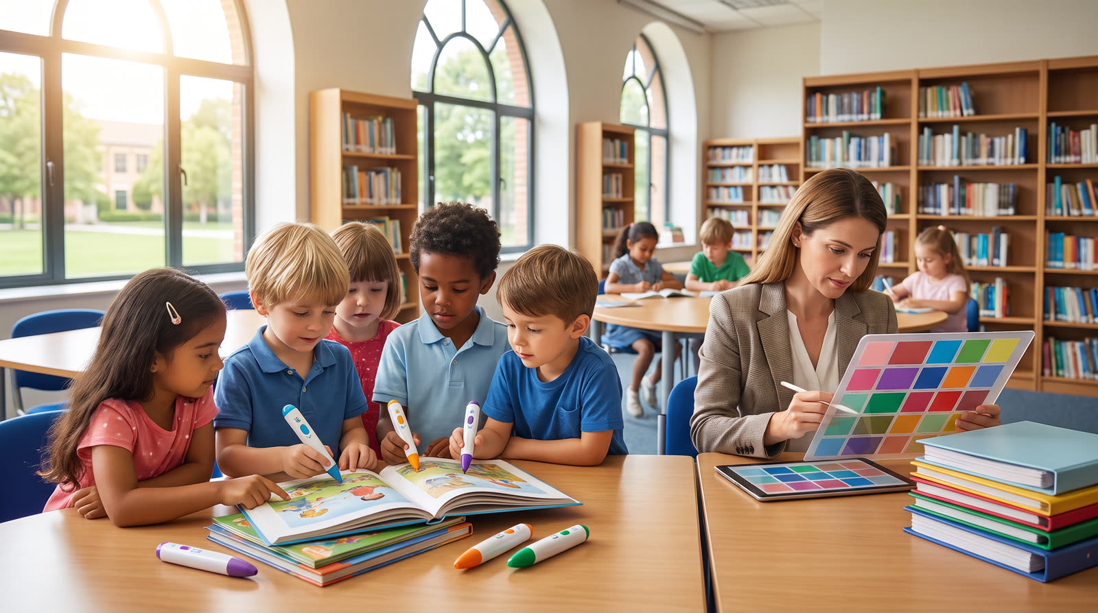 Child using an unbranded reading pen and illustrated learning materials for a bilingual talking pen buyer guide
