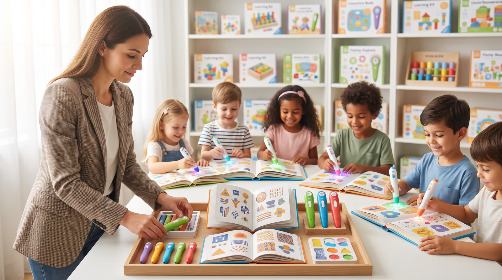 Child using an unbranded reading pen and illustrated learning materials for a talking pen alphabet books buyer guide