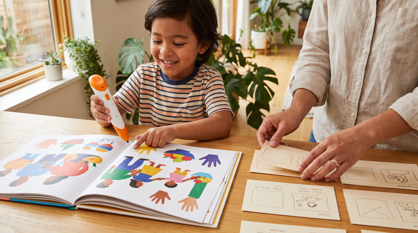 Child using an unbranded reading pen and illustrated learning materials for a learn body parts with talking pen buyer guide