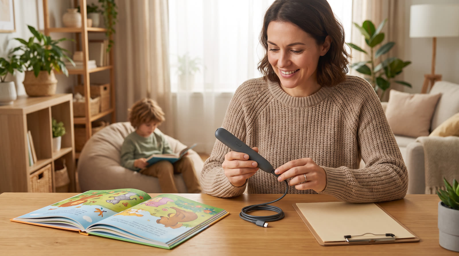 Child using an unbranded reading pen and illustrated learning materials for a Lesestift aufladen buyer guide