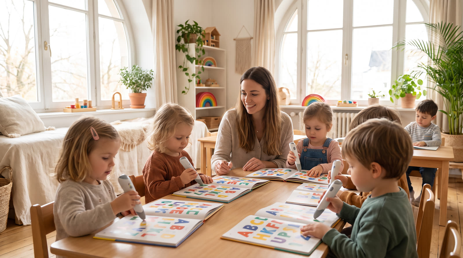 Child using an unbranded reading pen and illustrated learning materials for a stylo lecture maternelle buyer guide
