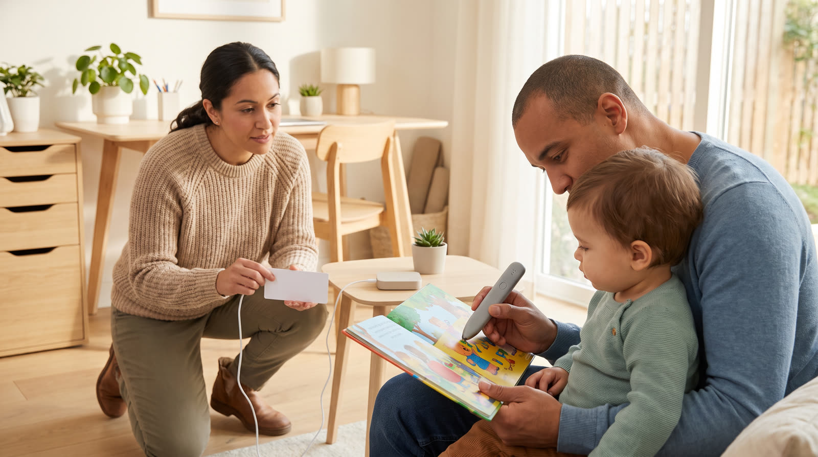 Child using an unbranded reading pen and illustrated learning materials for a lápiz parlante recargable buyer guide