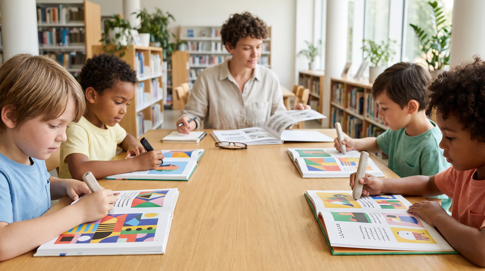Child using an unbranded reading pen and illustrated learning materials for a قلم لتعلم الحروف buyer guide