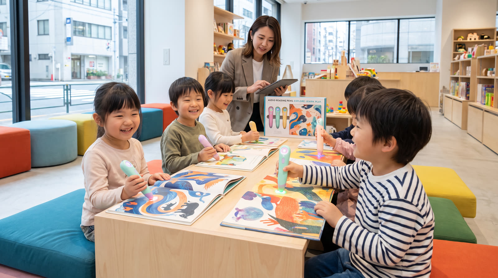 Child using an unbranded reading pen and illustrated learning materials for a ひらがな 音声ペン buyer guide