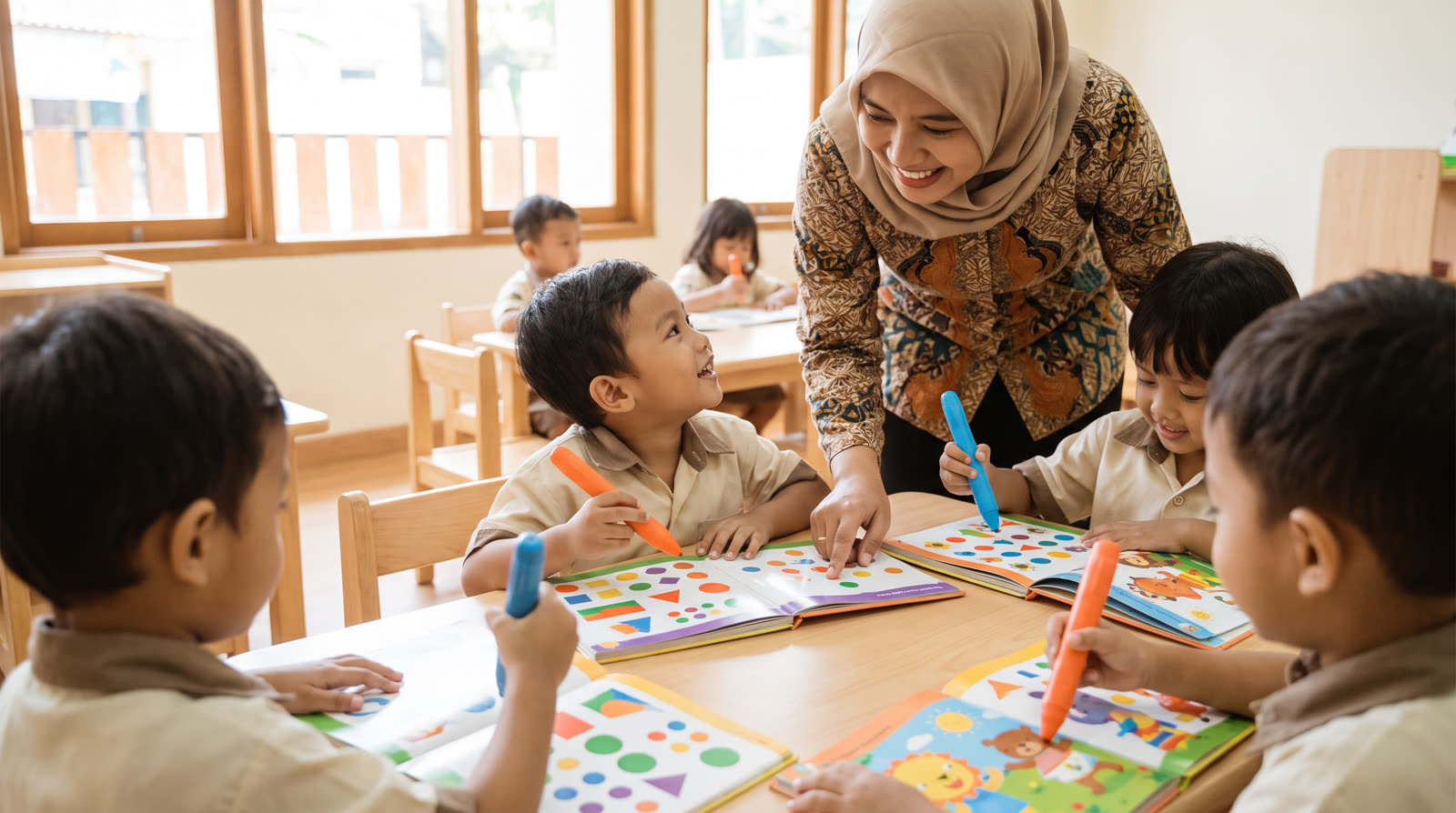 Child using an unbranded reading pen and illustrated learning materials for a pena baca untuk prasekolah buyer guide