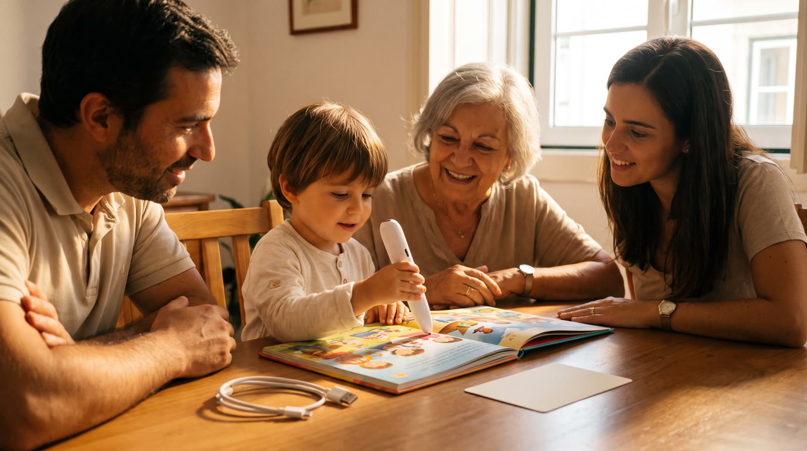 Child using an unbranded reading pen and illustrated learning materials for a caneta falante recarregável buyer guide